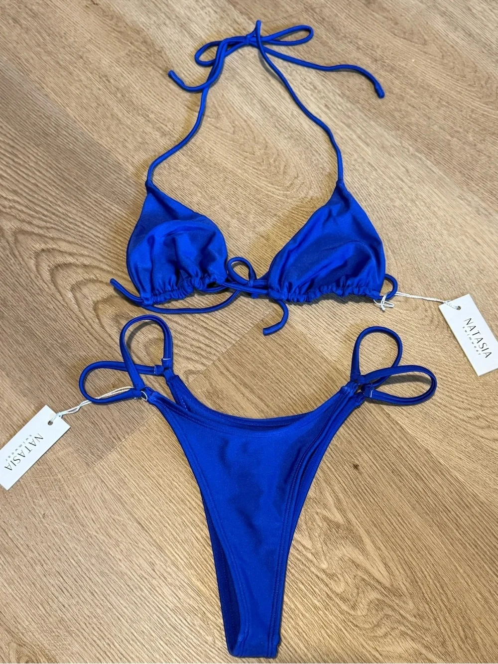 NWT Natasia Swim “Lapis” Blue Triangle String Bikini Set